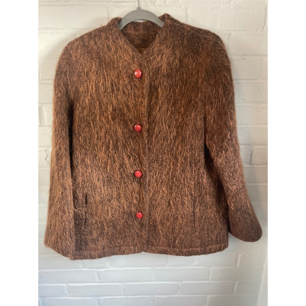 Vintage 50s 60s Women's Brown Fuzzy Mohair Jacket Size 14